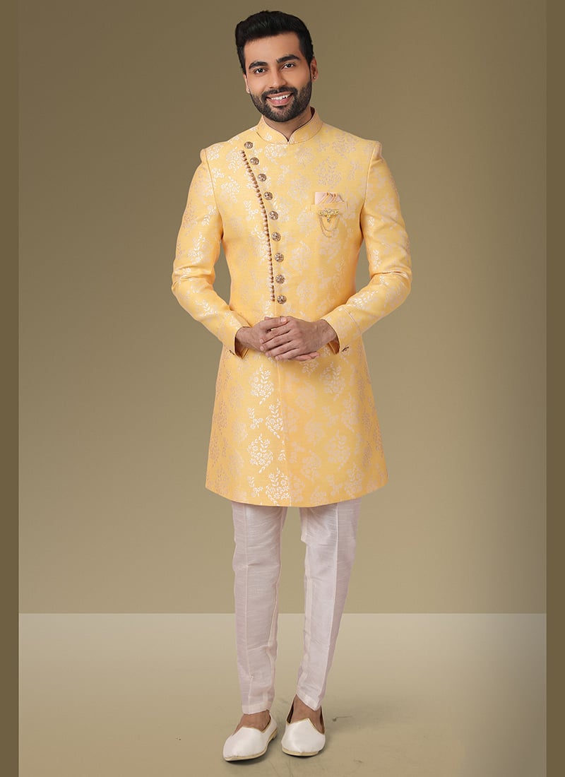 Yellow Jacquard Silk Brocade Classic Sherwani Wedding Wear