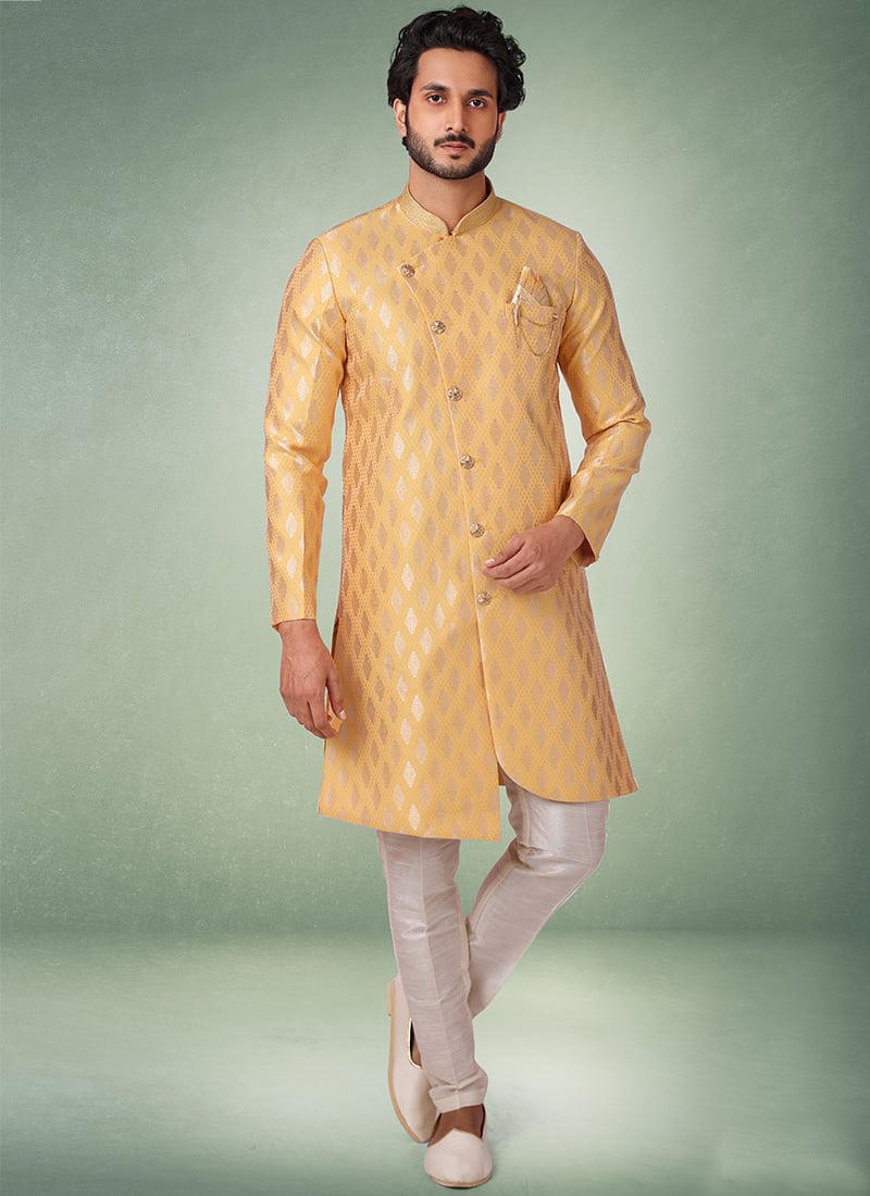 Yellow Jacquard Silk Brocade Indowestern Sherwani Wedding Wear
