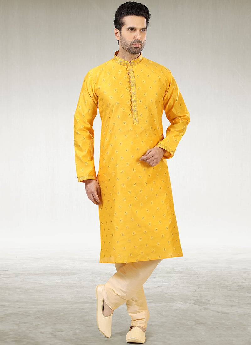 Yellow Jacquard Silk Brocade Kurta Pyjama Party Wear