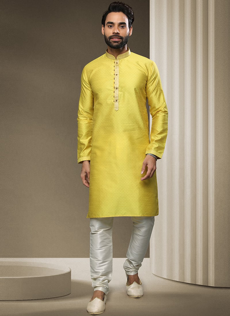 Yellow Jacquard Silk Brocade Kurta Pyjama Party Wear