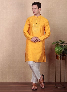 Yellow Jacquard Silk Embroidered Kurta Pyjama