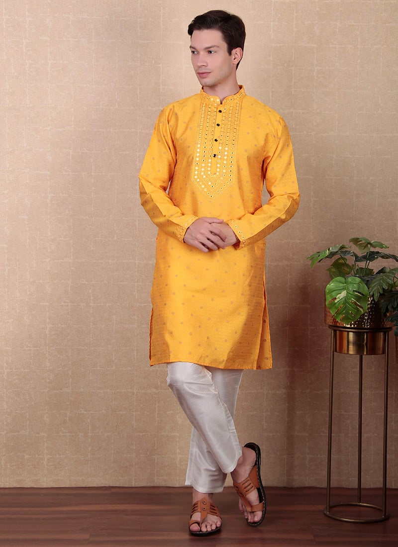 Yellow Jacquard Silk Embroidered Kurta Pyjama