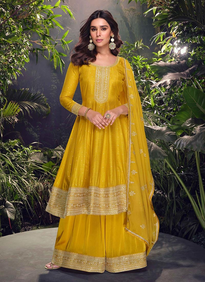 Yellow Jacquard Silk Embroidered Sequins A Line Palazzo Suit Festive Wear