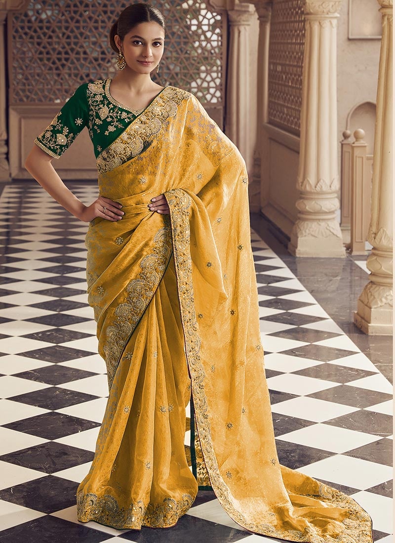 Yellow Jacquard Silk Embroidered Sequins And Stones Saree
