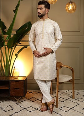 Yellow Jacquard Silk Embroidered Sequins Kurta Pyjama