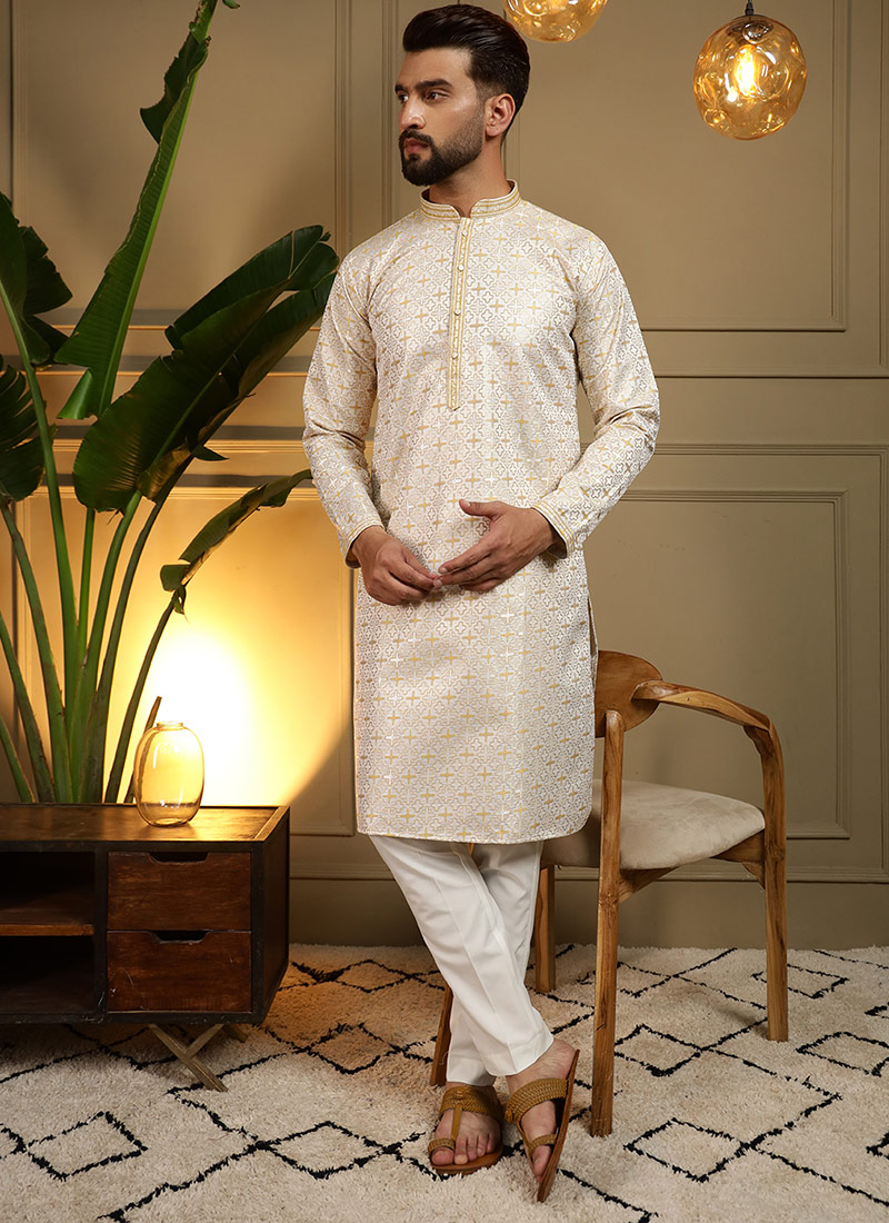 Yellow Jacquard Silk Embroidered Sequins Kurta Pyjama Festive Wear