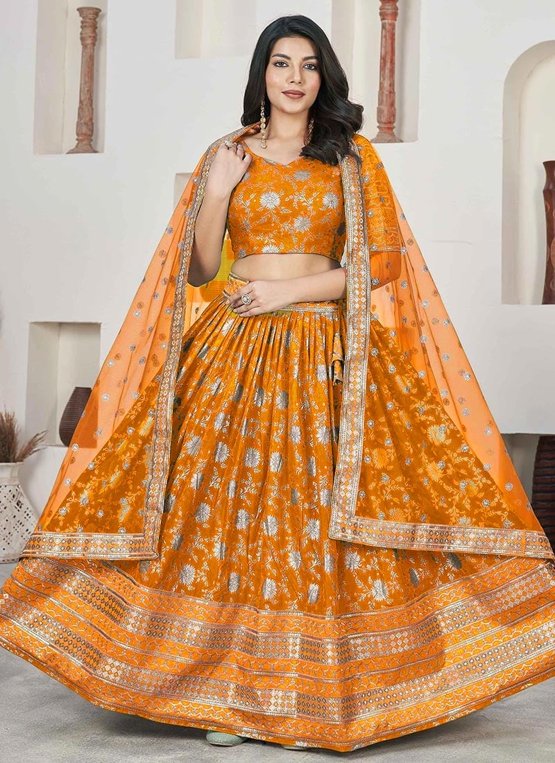 Yellow Jacquard Silk Embroidered Umbrella Lehenga
