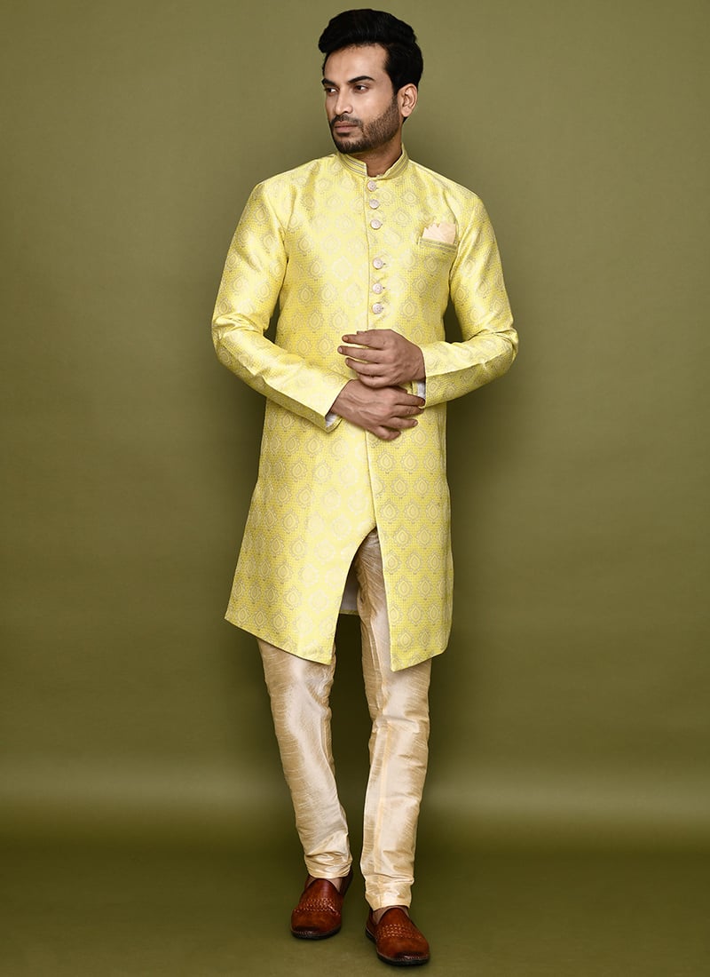 Yellow Jacquard Silk Indowestern Sherwani Festive Wear