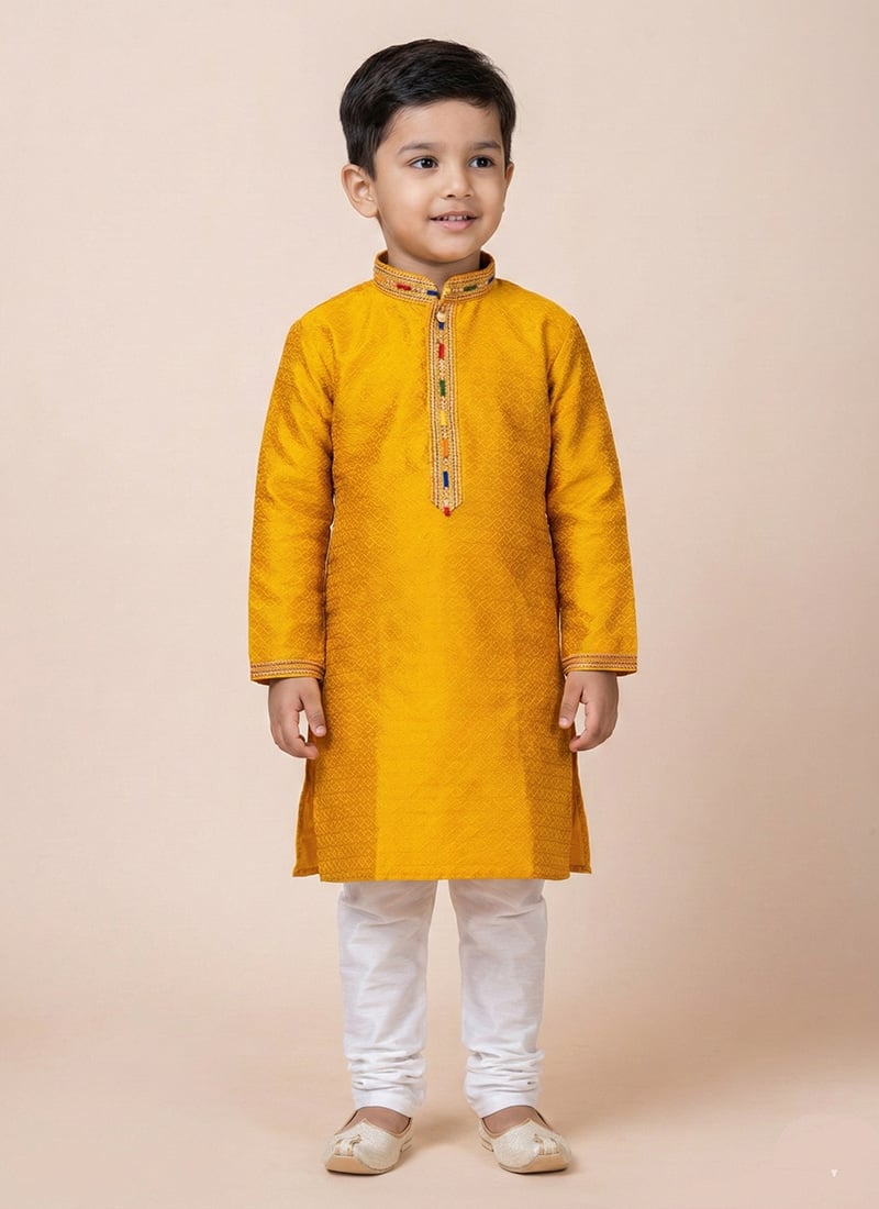 Yellow Jacquard Silk Kids Boys Kurta Pyjama  Festive Wear