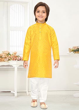 Yellow Jacquard Silk Kids Kurta Pyjama Set With Festive Woven Detailing