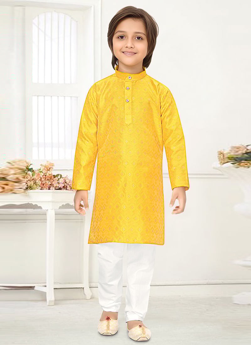 Yellow Jacquard Silk Kids Kurta Pyjama Set With Festive Woven Detailing Festive Wear