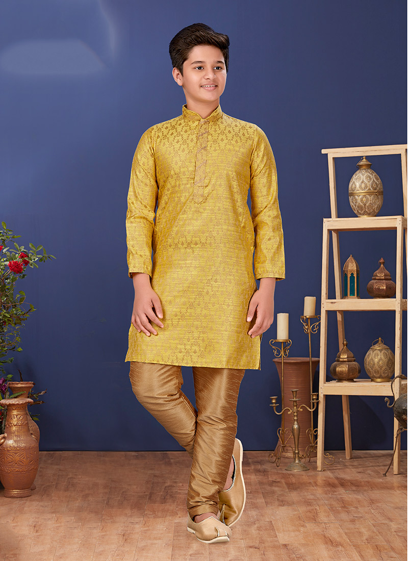 Yellow Jacquard Silk Kurta Pyjama