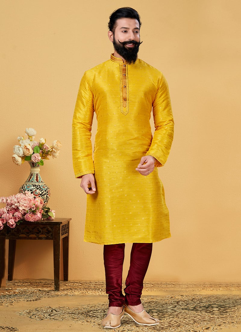 Yellow Jacquard Silk Kurta Pyjama