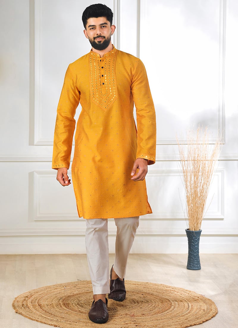 Yellow Jacquard Silk Thread Embroidered Kurta Pyjama Festive Wear
