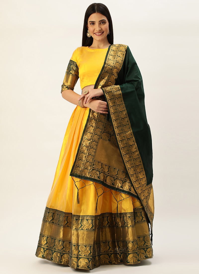 Yellow Jacquard Silk Zari Embossed A Line Lehenga  Festive Wear