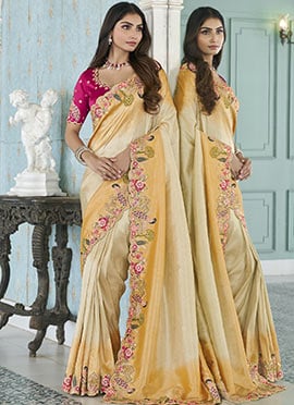 Yellow Jacquard Silk Zari Embroidered Sequins With Stone Work Saree