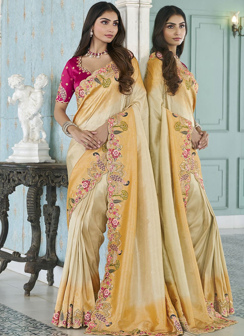 Yellow Jacquard Silk Zari Embroidered Sequins With Stone Work Saree Wedding Wear