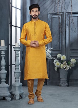 Yellow Jacquard Silk Zari Work Kurta Pyjama