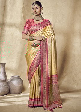 Yellow Jacquard Silk Zarkan Stone Zari Work Saree