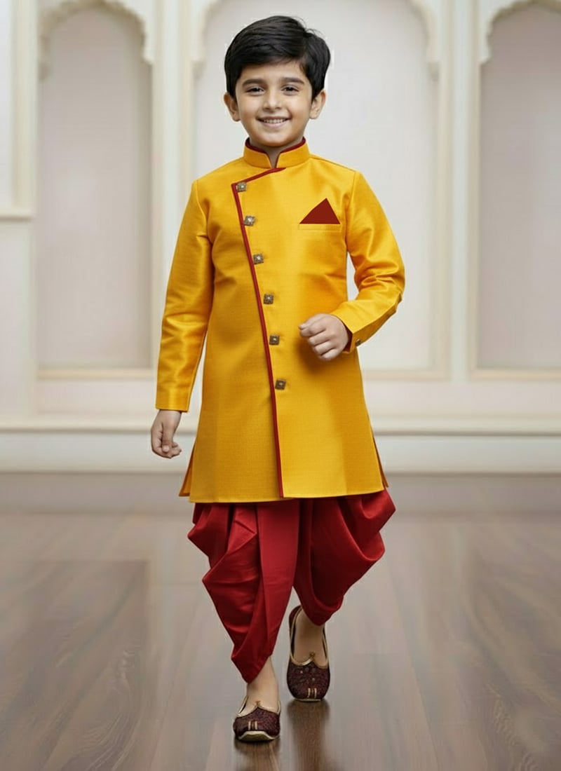 Yellow Jute Silk Indowestern Sherwani Kids Boys Festive Wear