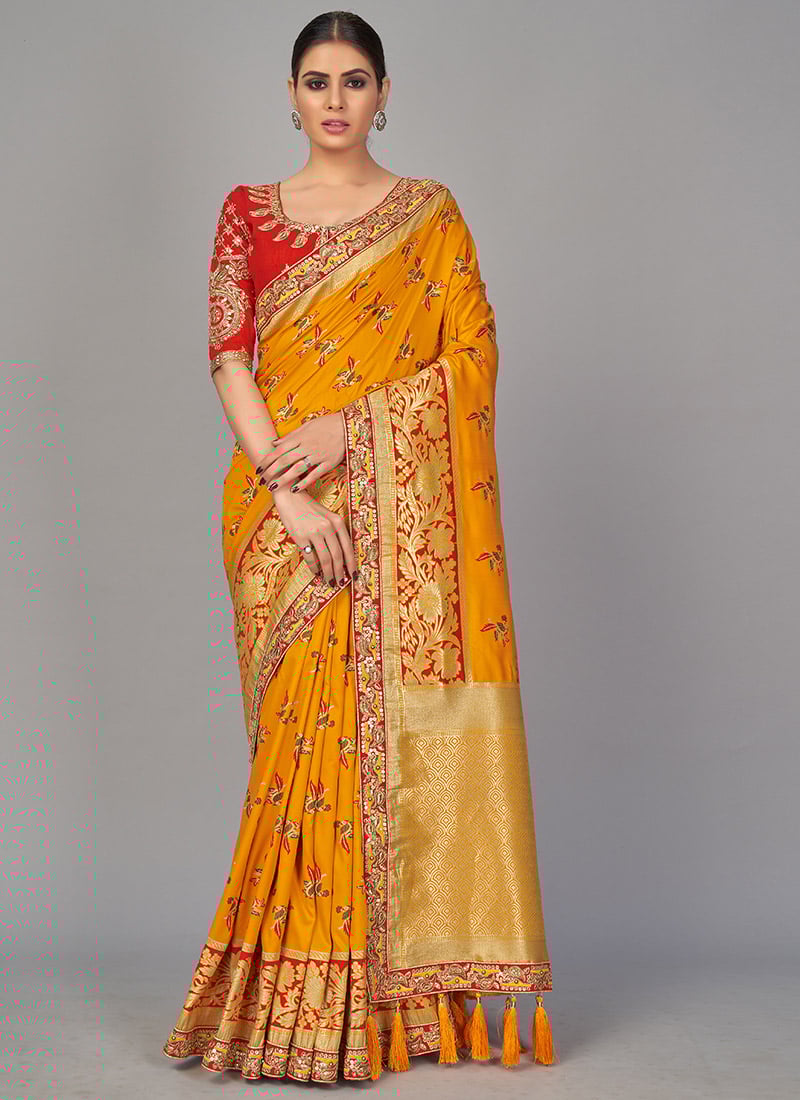 Yellow Kanchipuram Silk Embroidered Sequins Traditional Saree Festive Wear