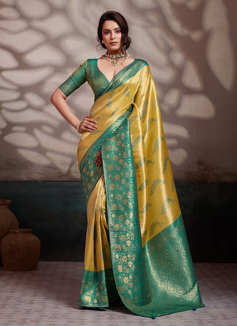 Yellow Kanjivaram Soft Silk Zari Woven Saree Festive Wear
