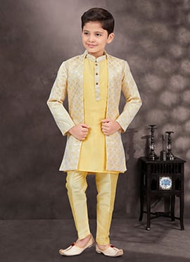 Yellow Kasak Zari Jacquard Banarasi Silk Sequins Kids Boys Indowestern Sherwani