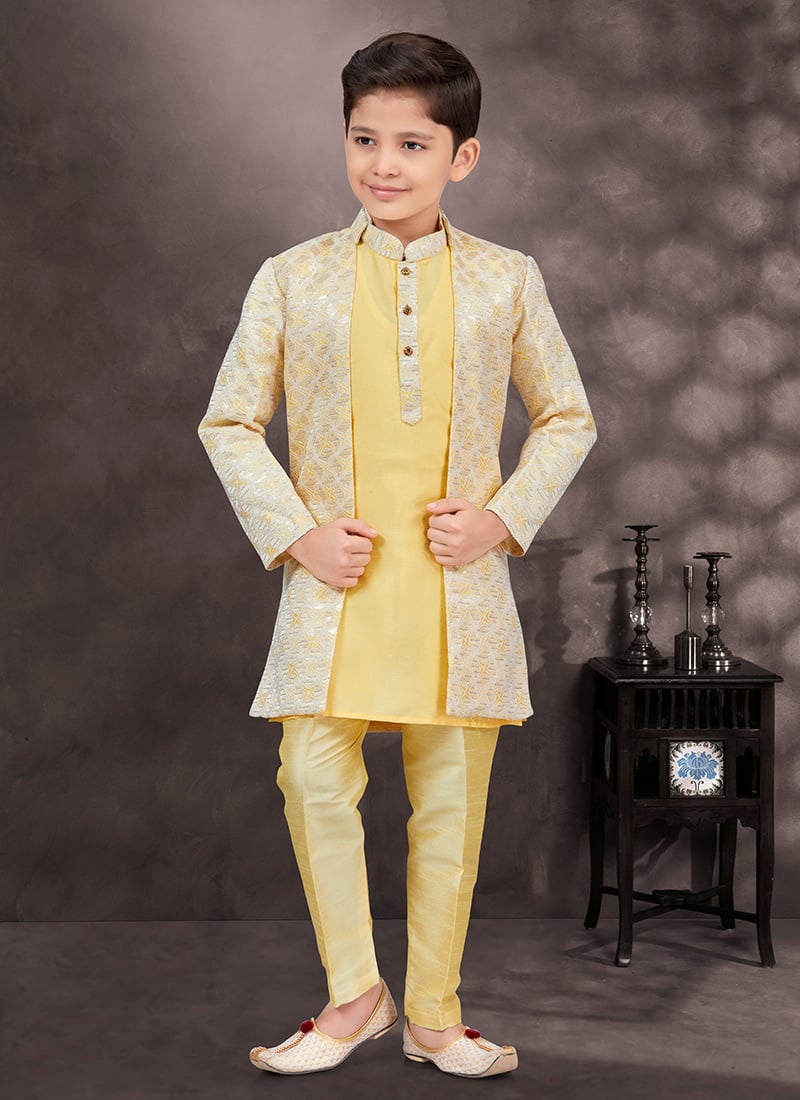 Yellow Kasak Zari Jacquard Banarasi Silk Sequins Kids Boys Indowestern Sherwani Wedding Wear
