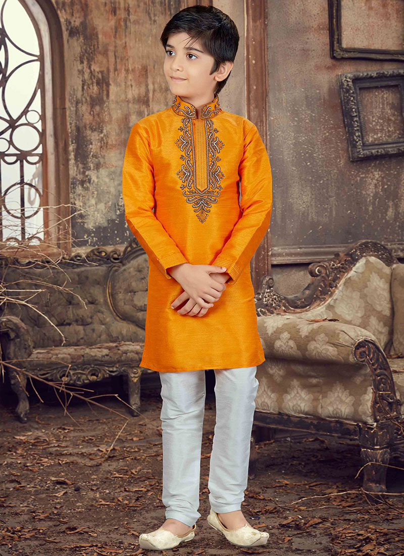 Yellow Kids Embroidered Kurta Pyjama
