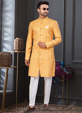 Yellow Kora Shine Silk Embroidered Sequins Indowestern Sherwani
