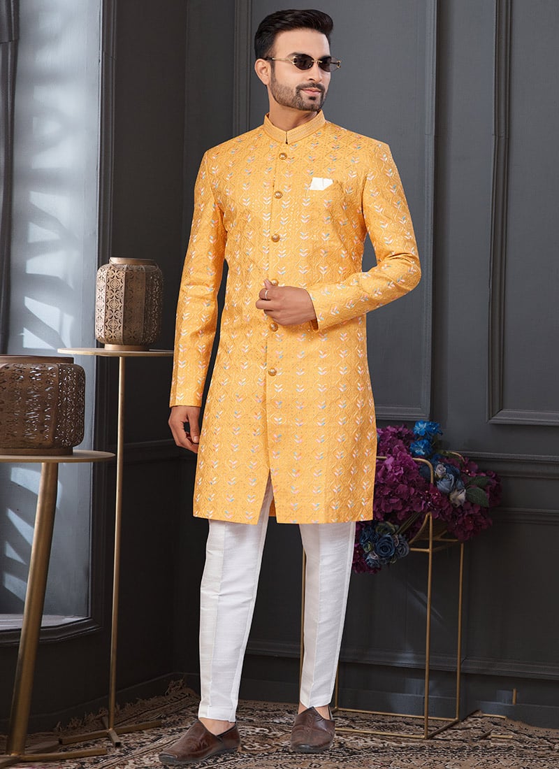 Yellow Kora Shine Silk Embroidered Sequins Indowestern Sherwani Wedding Wear