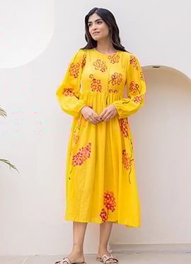 Yellow Kota Cotton Floral Digital Printed Fit And Flare Dress