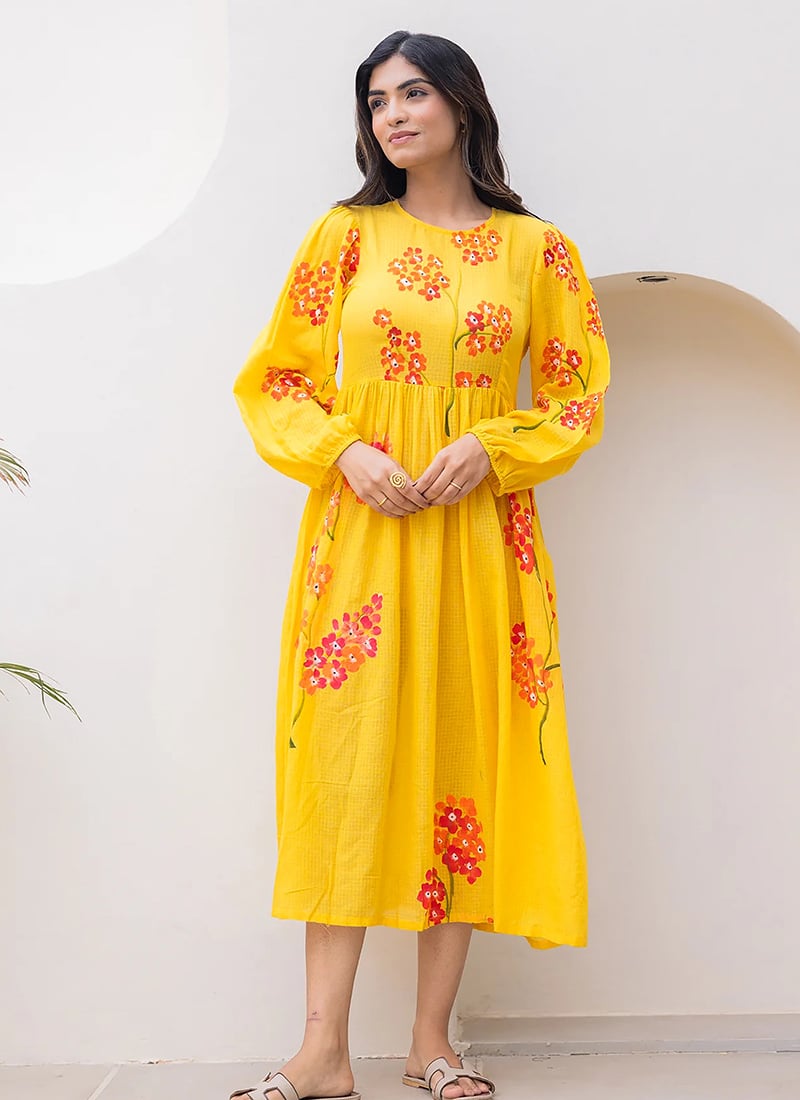 Yellow Kota Cotton Floral Digital Printed Fit And Flare Dress After Six Wear