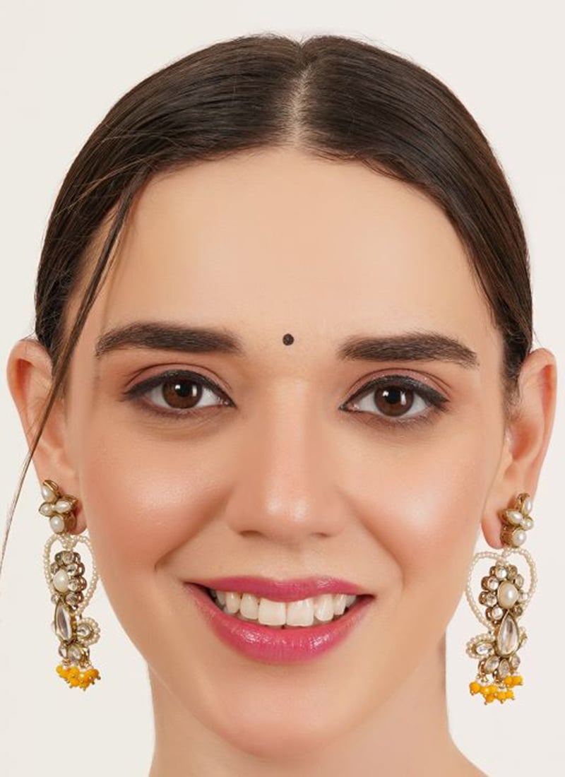 Yellow Kundan And Beads Adorned Danglers Festive Wear