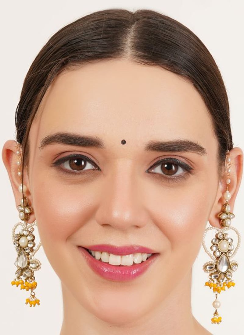 Yellow Kundan And Beads Adorned Danglers Festive Wear