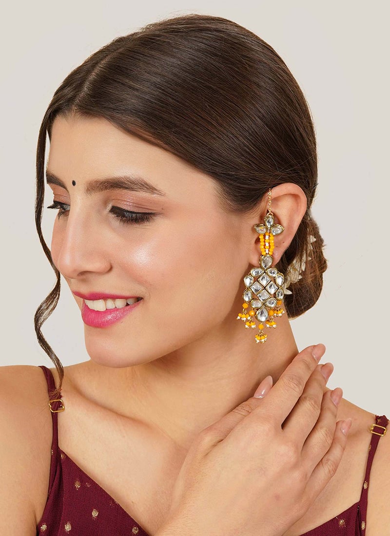 Yellow Kundan And Beads Danglers After Six Wear