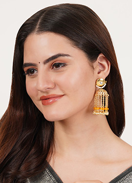 Yellow Kundan And Beads Jhumka