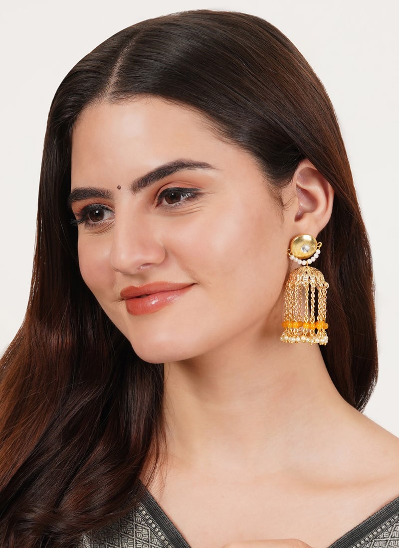 Yellow Kundan And Beads Jhumka After Six Wear