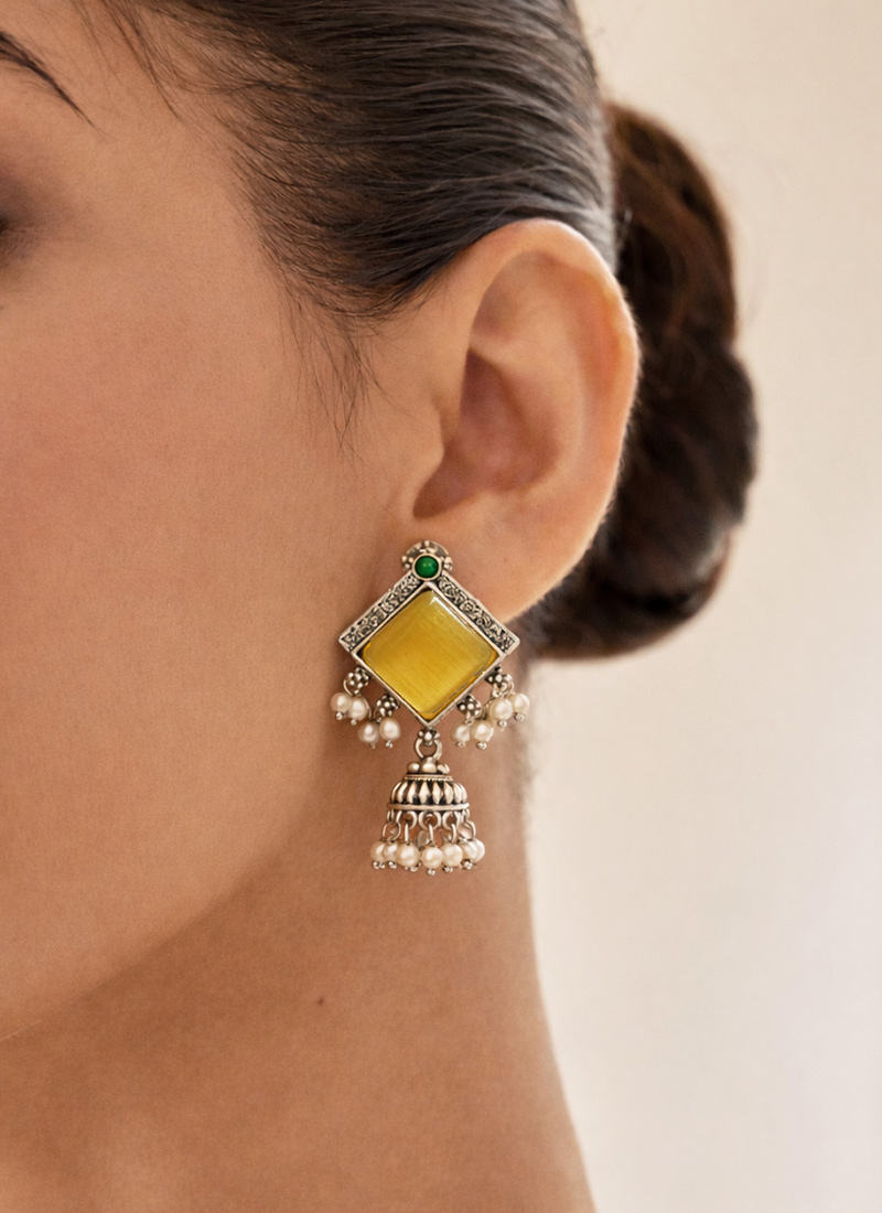 Yellow Kundan Bead Embellished Jhumka Festive Wear