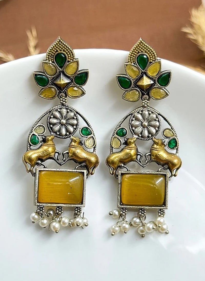 Yellow Kundan Beaded Motif Dangler Earrings Festive Wear