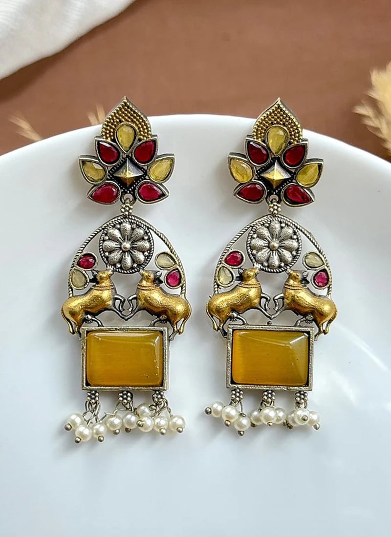 Yellow Kundan Beaded Motif Dangler Earrings Festive Wear