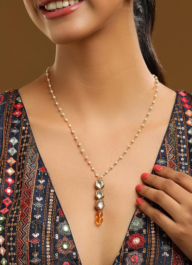 Yellow Kundan Beaded Necklace Festive Wear