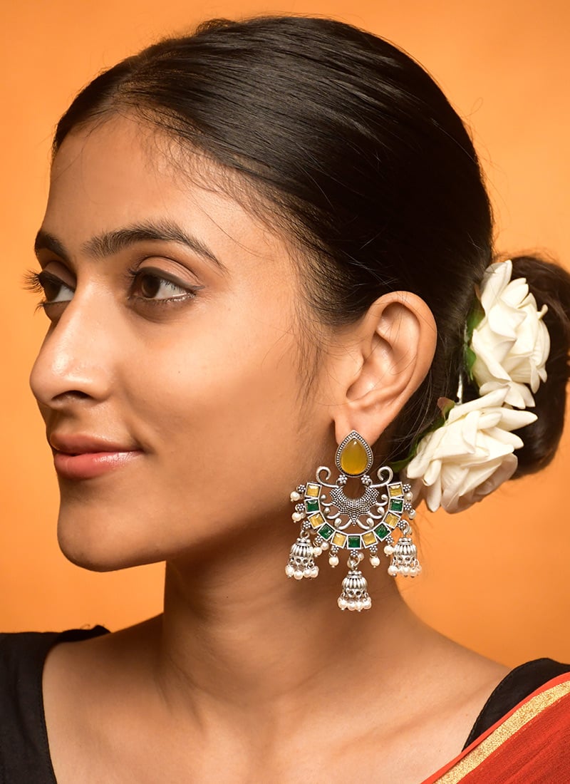 Yellow Kundan Beads Chaand Bali Jhumka Earrings For Women Festive Wear
