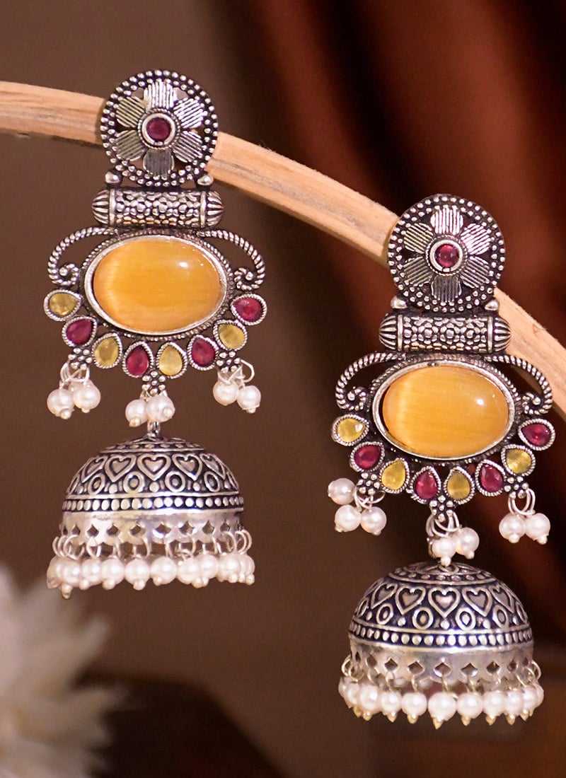 Yellow Kundan Beads Jhumka Earrings For Women Festive Wear