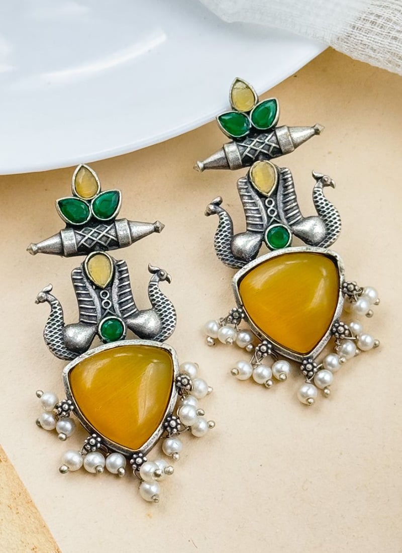 Yellow Kundan Motif Statement Dangler Earrings Festive Wear