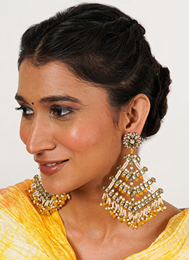 Yellow Kundan With Beads And Moti Chandeliers
