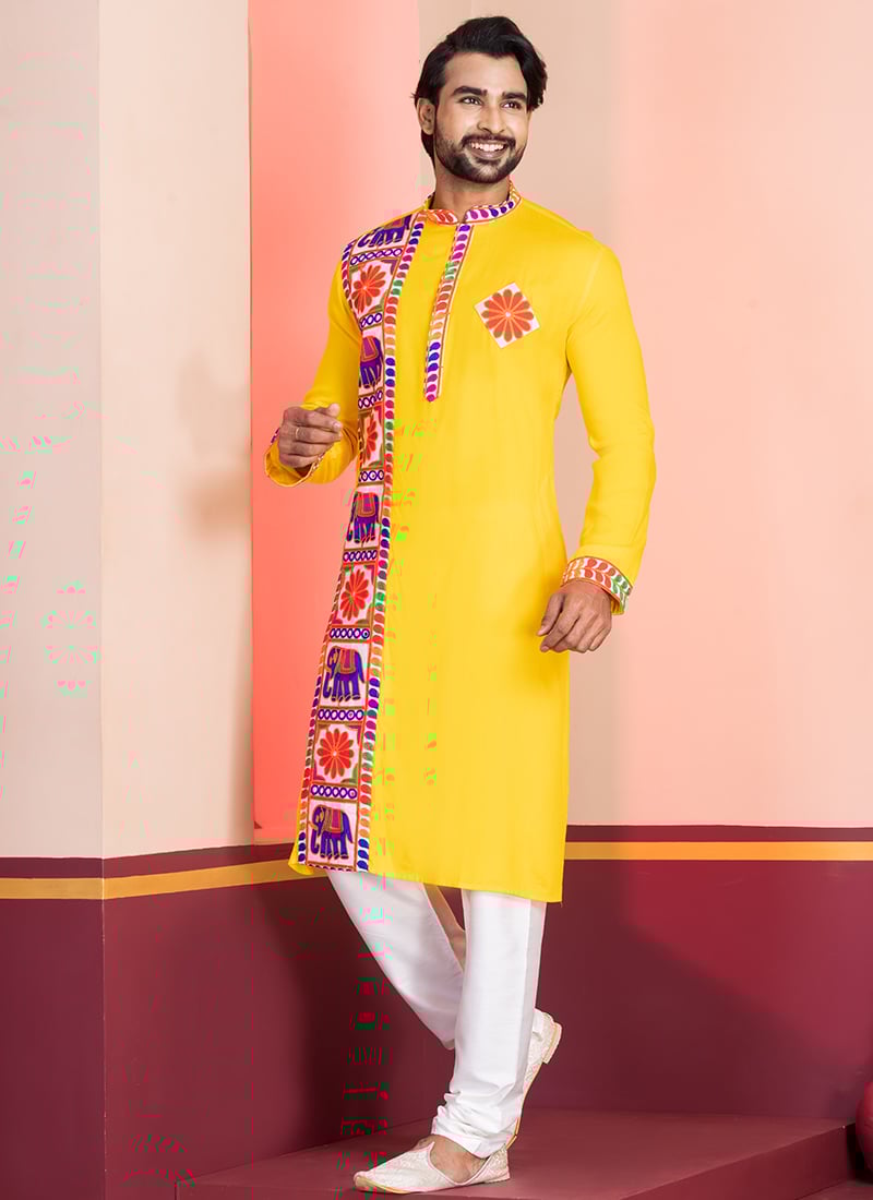 Yellow Kutch Work Kurta Pyjama Festive Wear