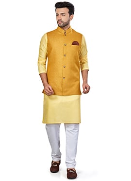 Yellow Linen Blend Kurta Pyjama With Jacket