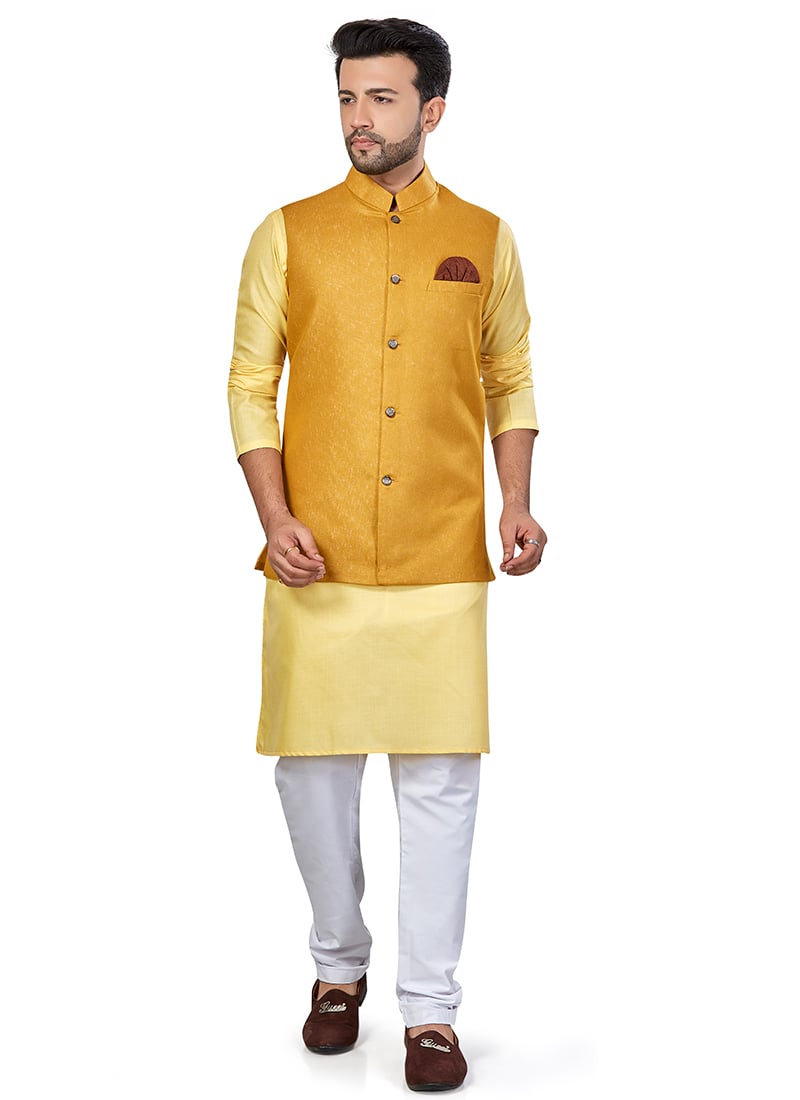 Yellow Linen Blend Kurta Pyjama With Jacket