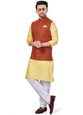 Yellow Linen Blend Kurta Pyjama With Jacket